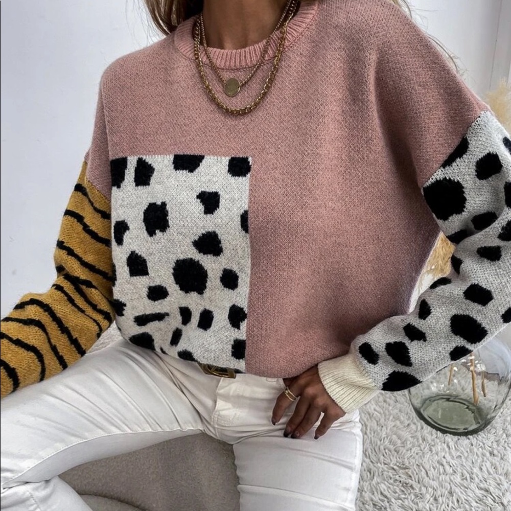 Leopard print stripes color block Sweater - Picture 1 of 6